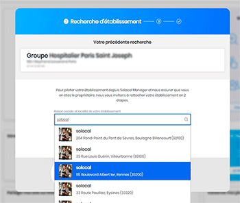 sélection établissement création de compte solocalmanager